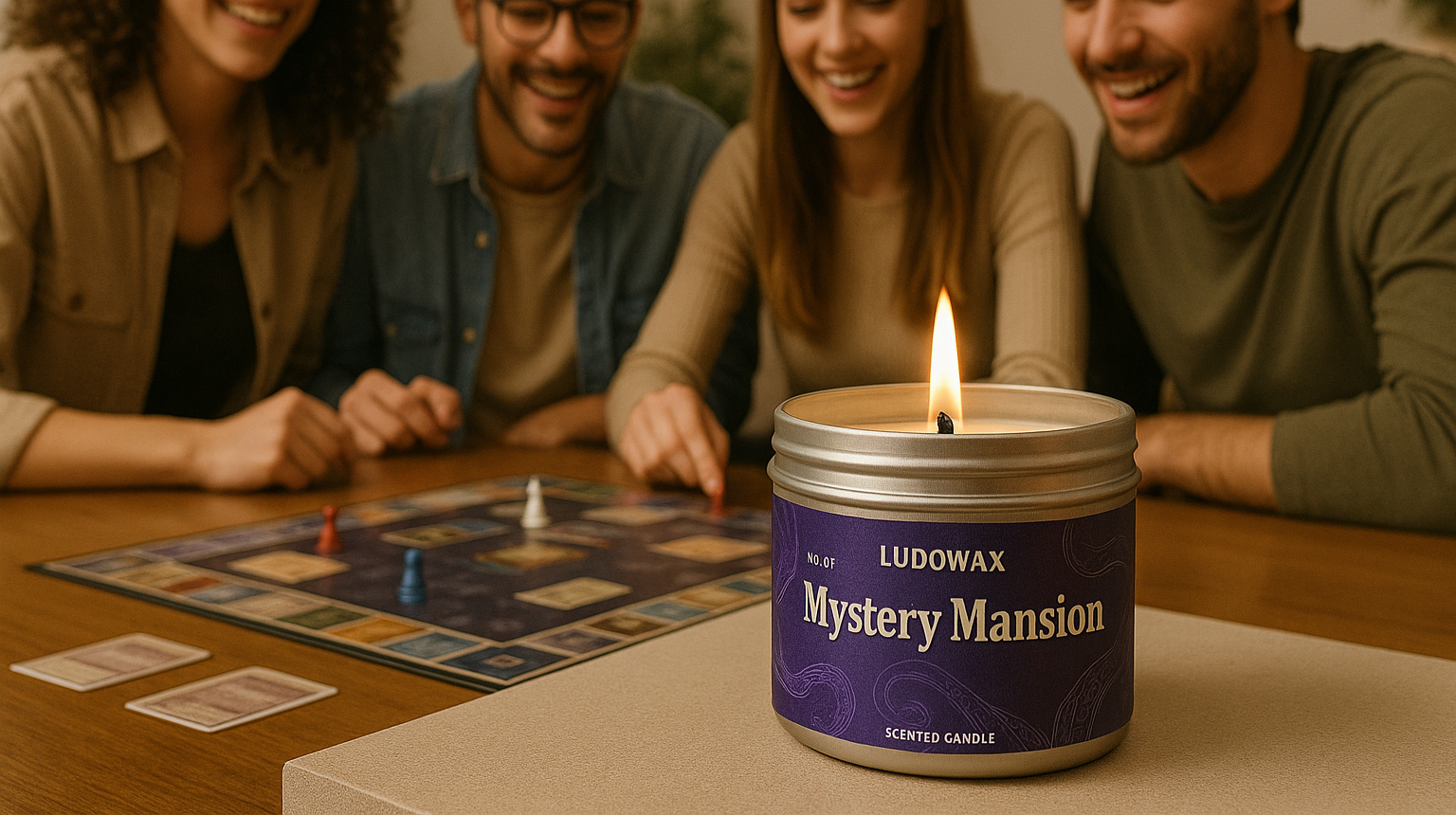 Cuatro personas jugando juegos de mesa con una vela Mansion Mystery.