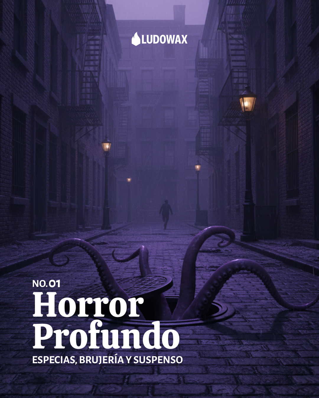 Portada visual de la vela Horror Profundo donde vemos un entorno misterioso con unos tentáculos saliendo de una alcantarilla en un callejón obscuro.